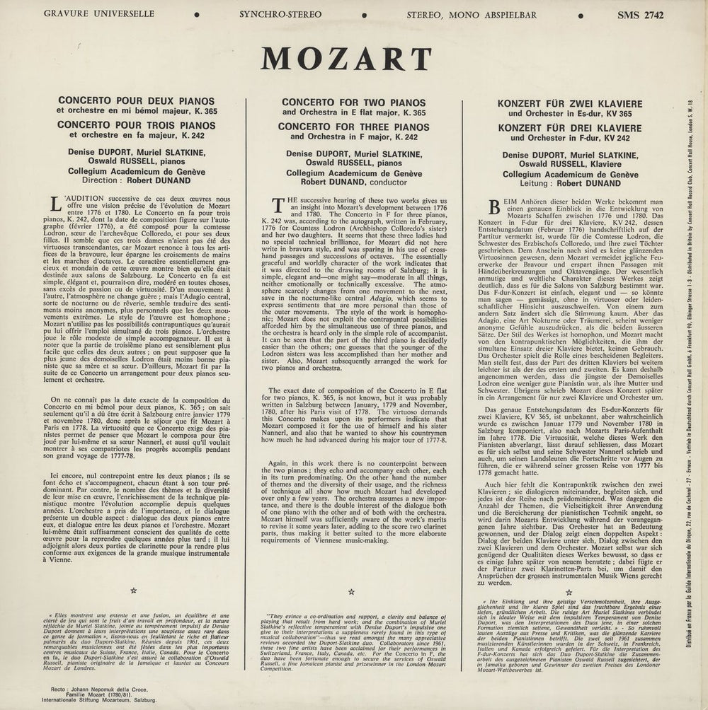 Wolfgang Amadeus Mozart Concerto For Two Pianos K.365 / Three Pianos K.242 UK vinyl LP album (LP record)