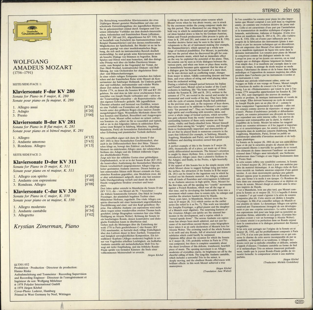 Wolfgang Amadeus Mozart Mozart:  4 Sonaten: F-dur Kv 280 · B-dur Kv 281 · D-dur Kv 311 · C-dur Kv 330 German vinyl LP album (LP record)