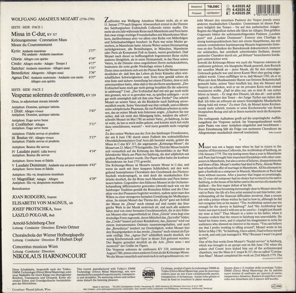 Wolfgang Amadeus Mozart Mozart: Missa In C Major K. 317 "Coronation" / Vesperae Solennes De Confessore K. 339 German vinyl LP album (LP record) 4001406435355