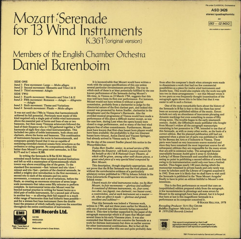 Wolfgang Amadeus Mozart Mozart: Serenade In B Flat Major For 13 Wind Instruments, K.361 (Original Version) UK vinyl LP album (LP record)
