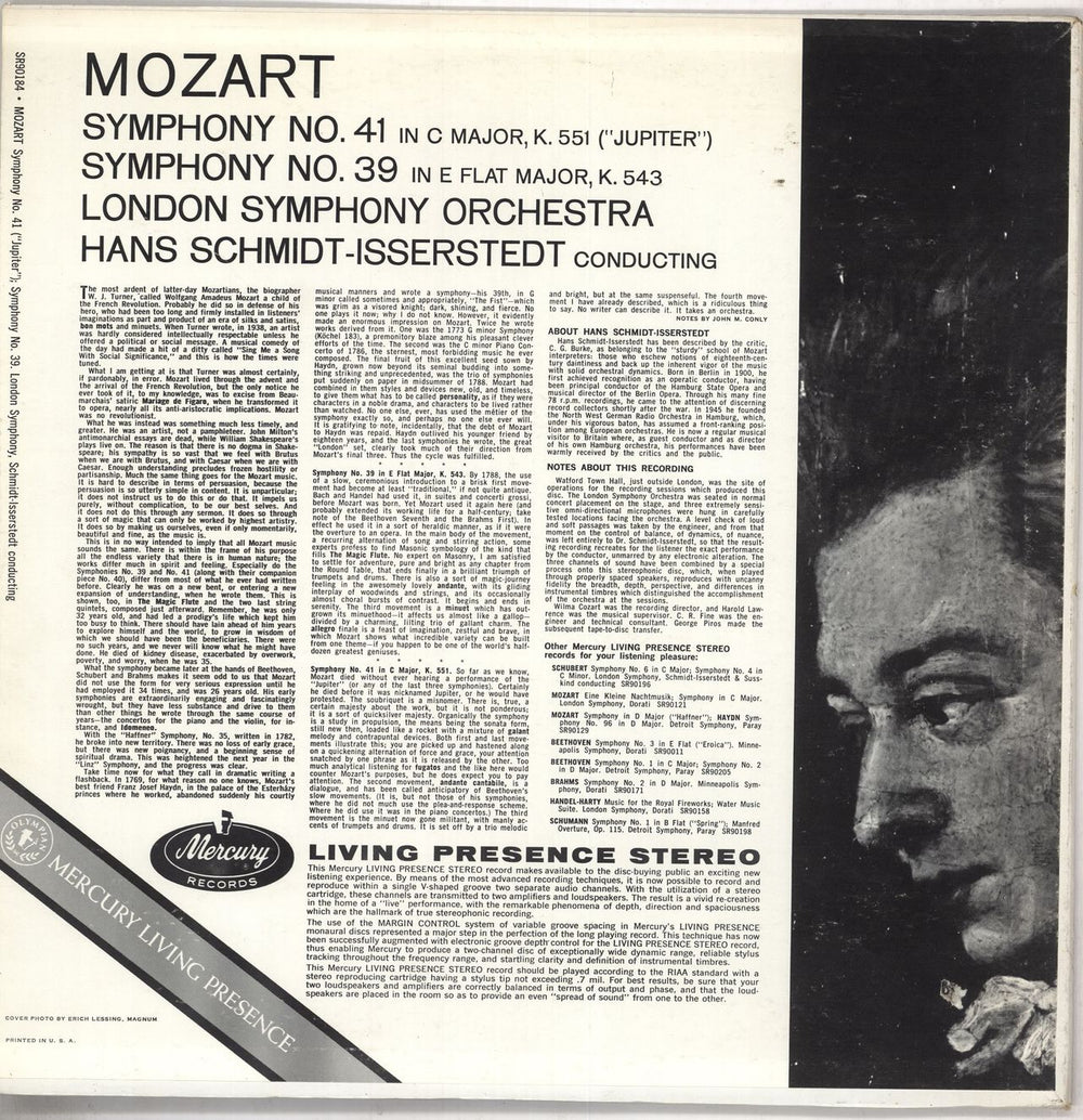 Wolfgang Amadeus Mozart Mozart: Symphony No. 41 "Jupiter" / Symphony No. 39 US vinyl LP album (LP record)