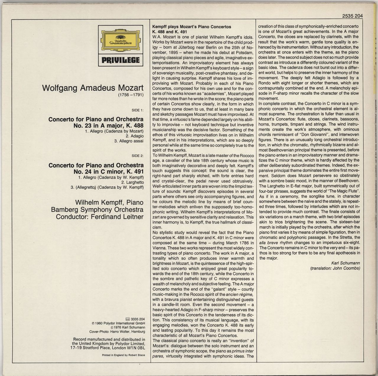 Wolfgang Amadeus Mozart Piano Concertos No. 23 In A Major, K. 488 / No. 24 In C Minor, K. 491 UK vinyl LP album (LP record)