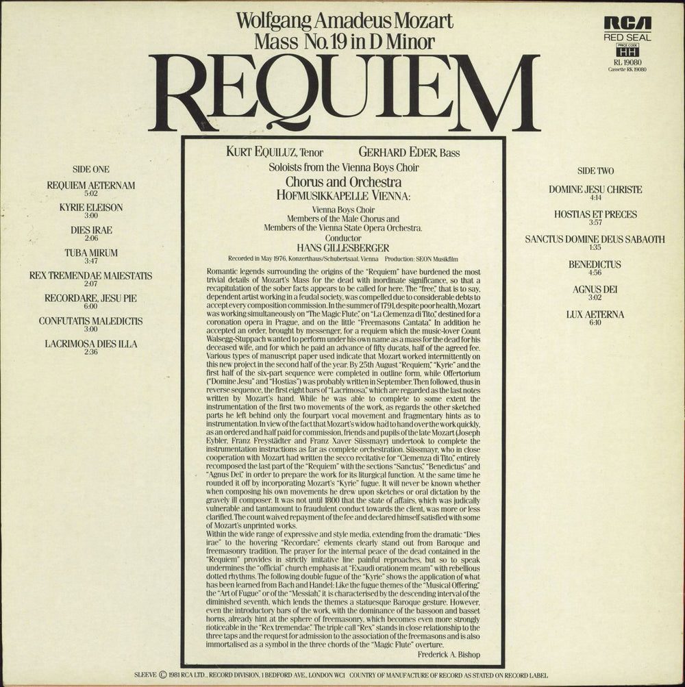Wolfgang Amadeus Mozart Requiem UK vinyl LP album (LP record)
