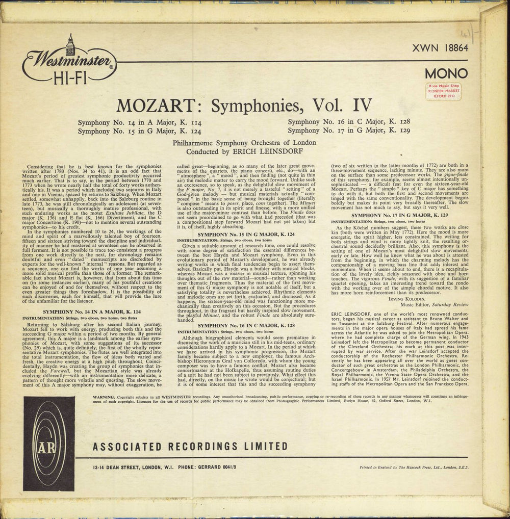 Wolfgang Amadeus Mozart Symphonies Nos. 14 - 17 UK vinyl LP album (LP record)