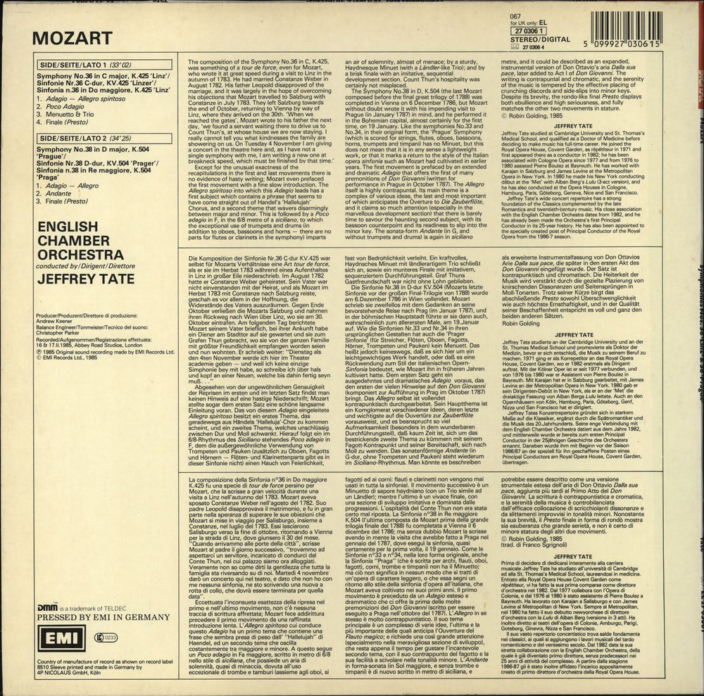 Wolfgang Amadeus Mozart Symphony No. 36 "Linz" & No. 38 "Prague" German vinyl LP album (LP record) 5099927030615