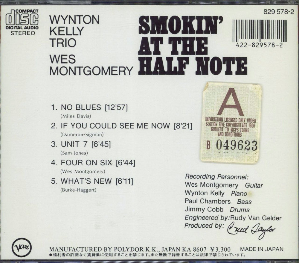Wynton Kelly Smokin' At The Half Note Japanese CD album (CDLP) 042282957825