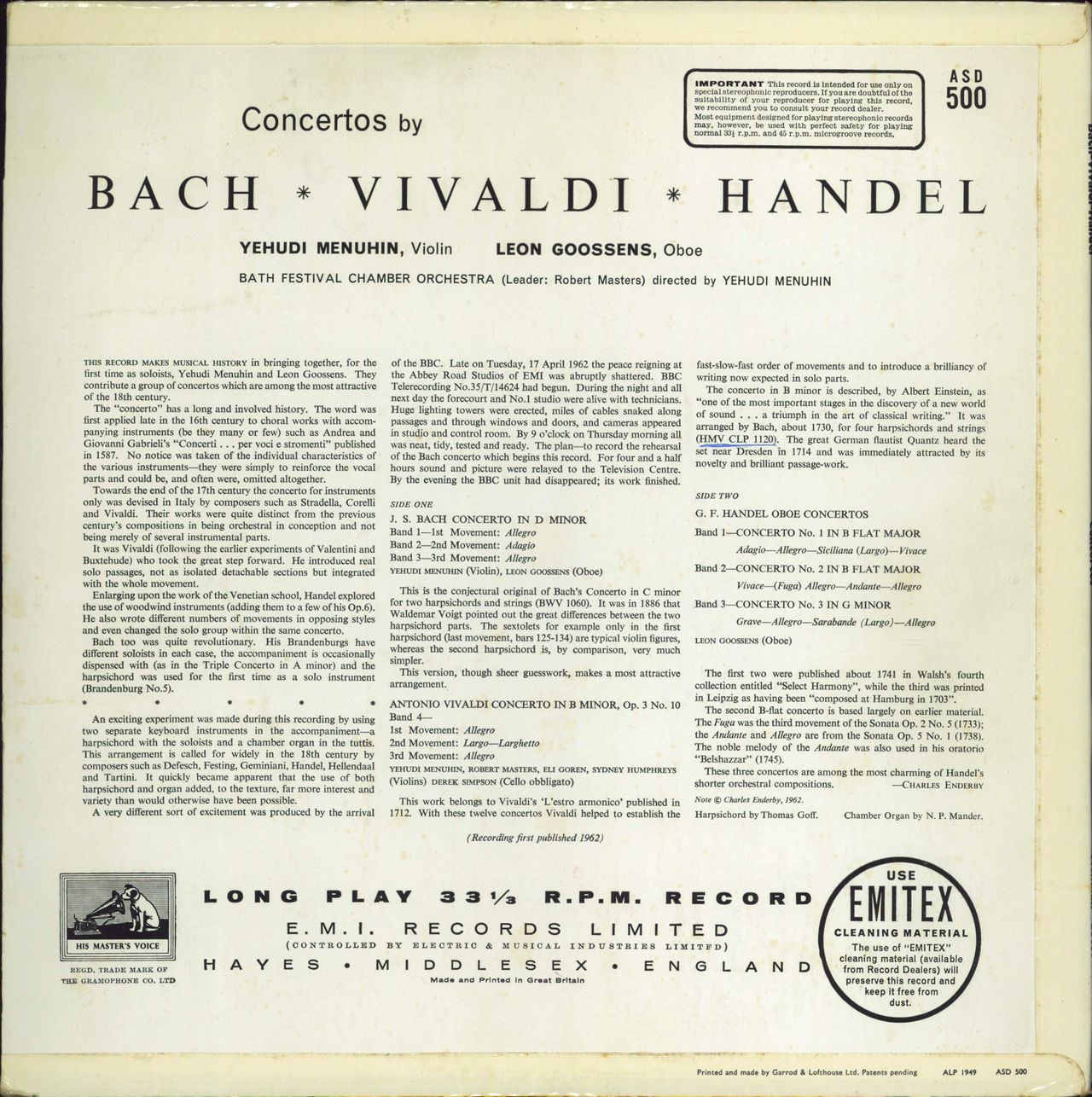 Yehudi Menuhin Concertos By Bach - Vivaldi - Handel - 1st UK vinyl LP album (LP record)