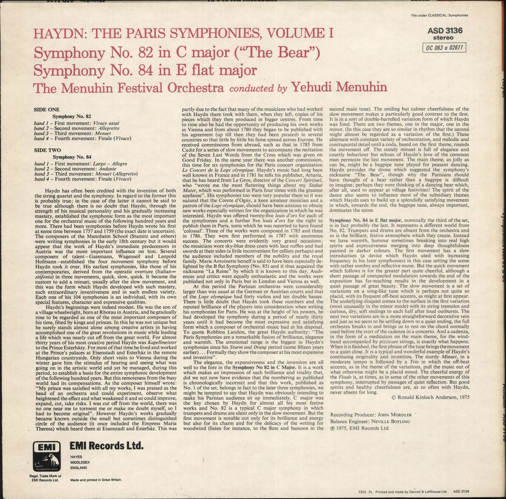 Yehudi Menuhin Haydn: The "Paris" Symphonies, Volume 1: No. 82 ("The Bear") / No. 84 UK vinyl LP album (LP record)