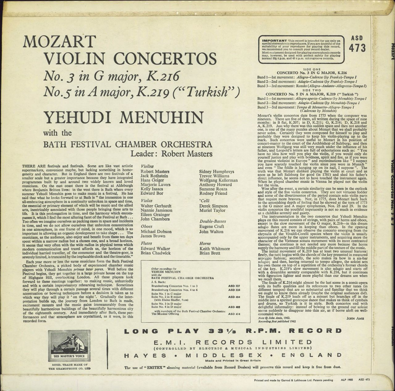 Yehudi Menuhin Mozart: Violin Concertos No 3 in G major & No 5 in A major 'Turkish' UK vinyl LP album (LP record)