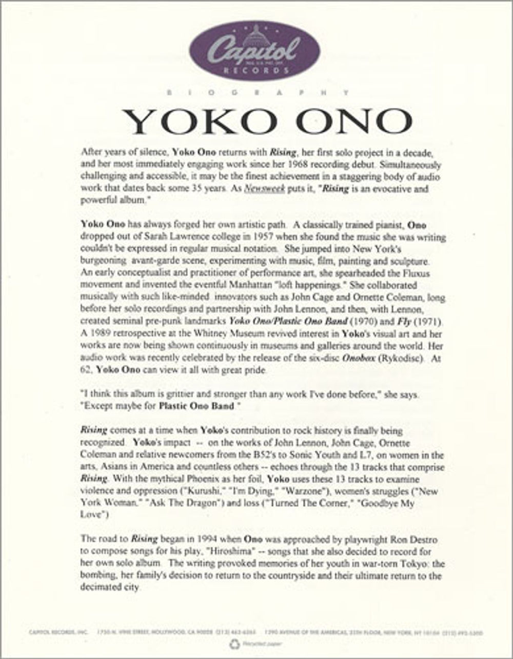 Yoko Ono Rising US Promo media press pack PRESS PACK