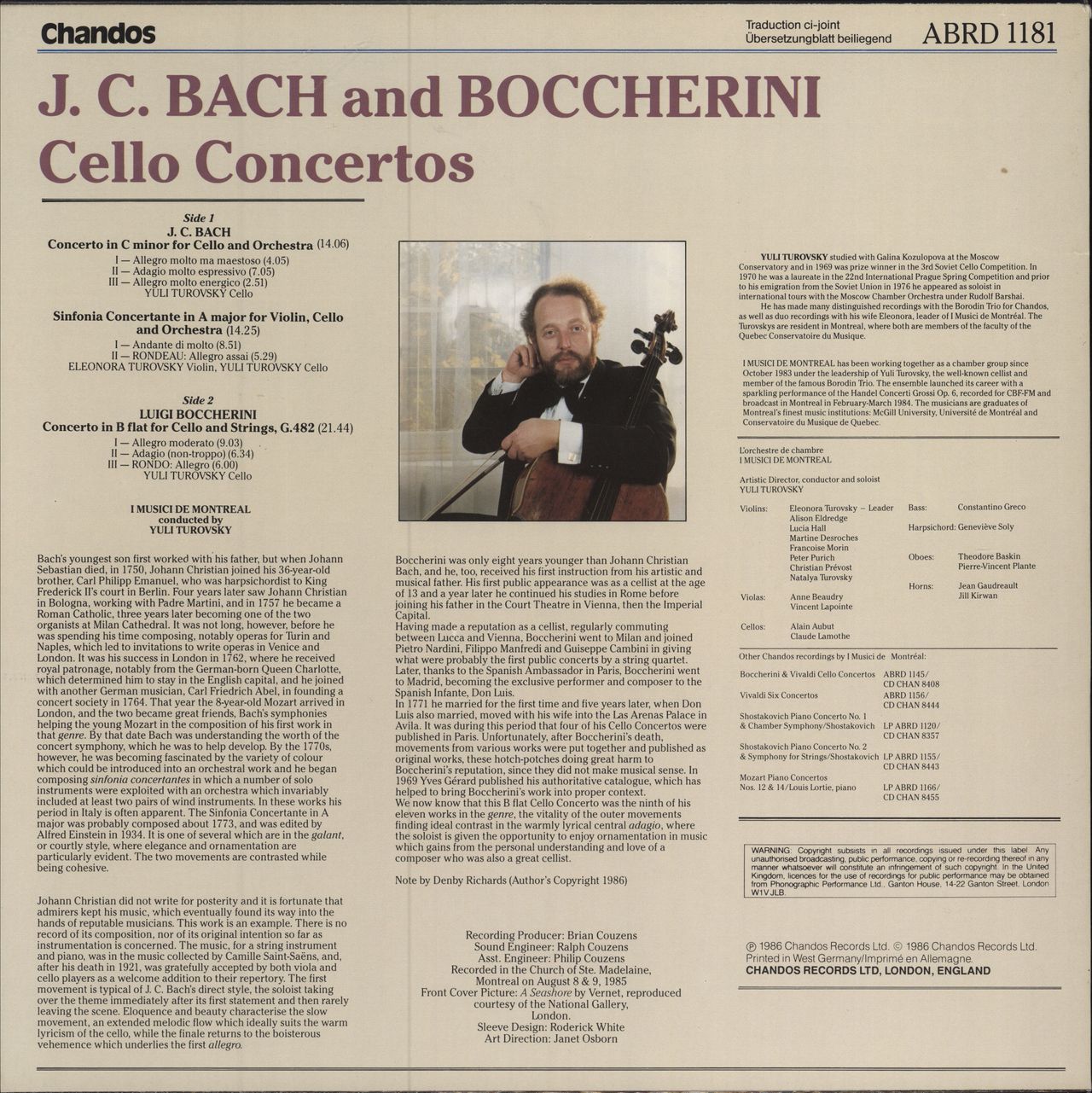 Yuli Turovsky J.C. Bach And Boccherini Cello Concertos German vinyl LP album (LP record)
