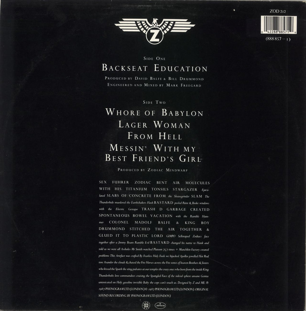 Zodiac Mindwarp Backseat Education - White logo UK 12" vinyl single (12 inch record / Maxi-single) 042288885719